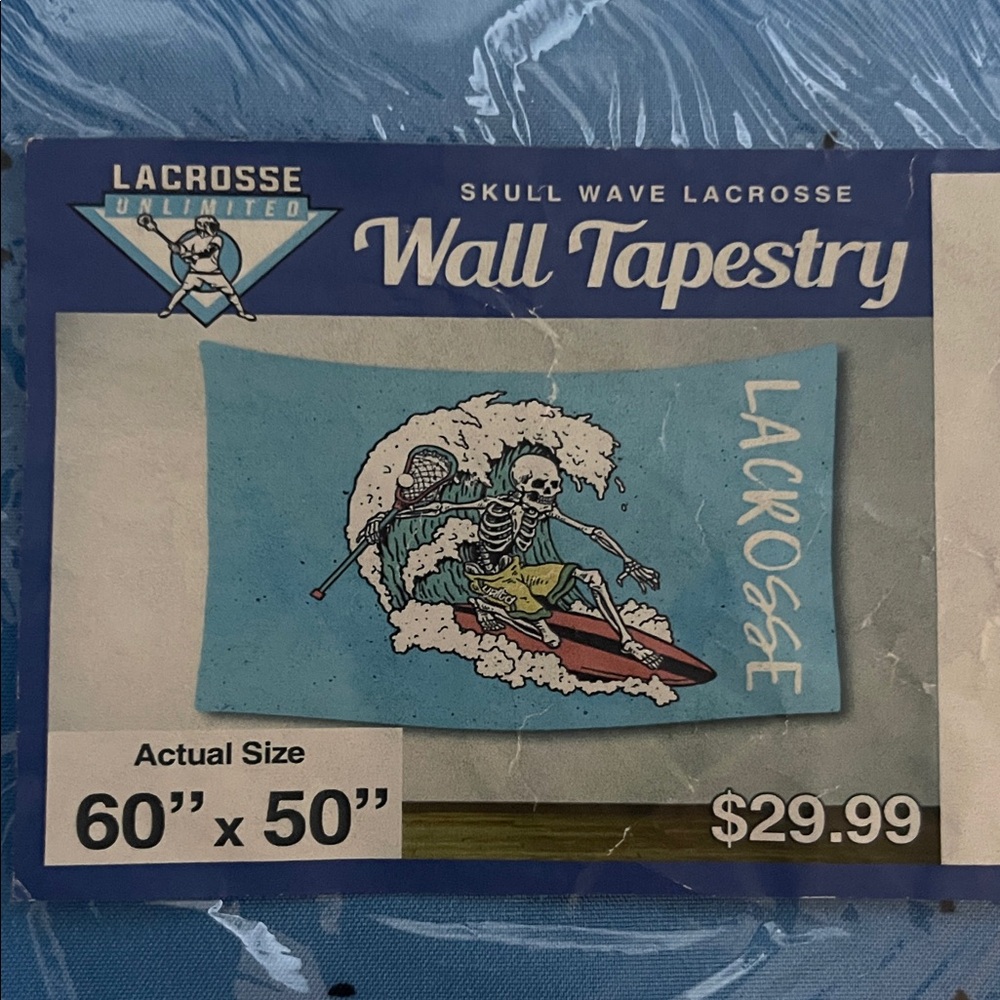 New Lacrosse Unlimited Surfing Skeleton holding Lacrosse Stick Wall Tapestry.